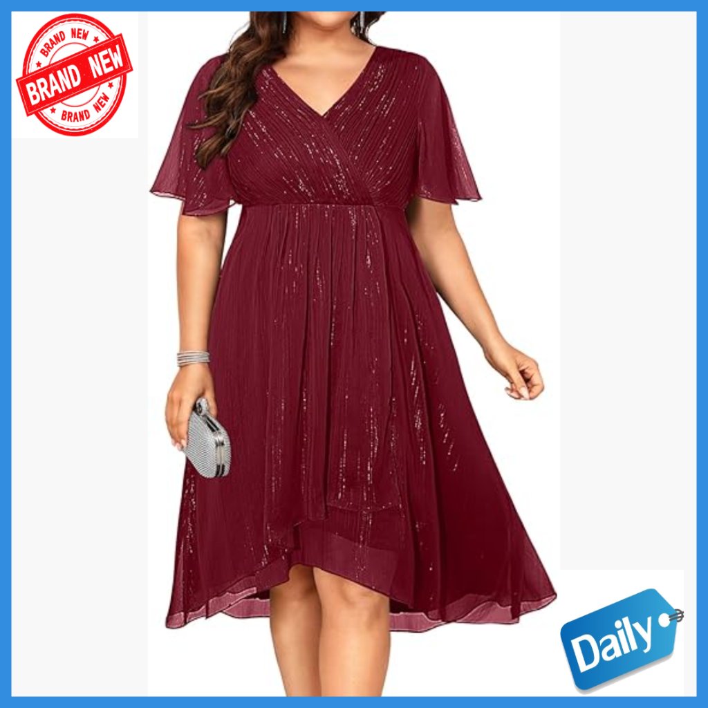 Plus Size Formal Midi Dress Long Sleeve V Neck A Line Wedding Guest